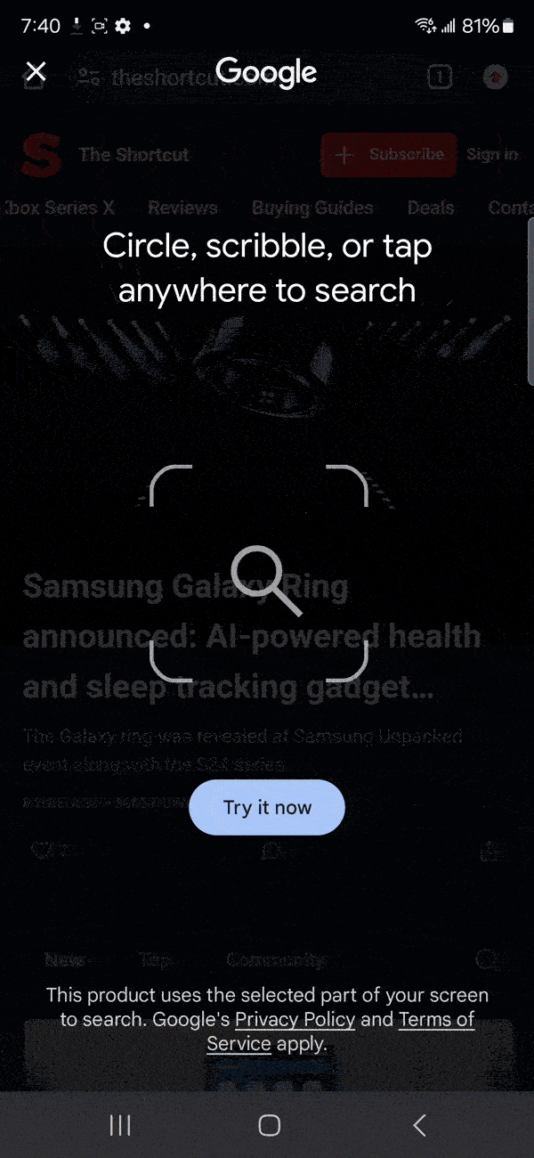 Circle to Search with Google demo on the Samsung Galaxy S24 Ultra showing Samsung Galaxy Ring search results Circle to Search with Google demo on the Samsung Galaxy S24 Ultra showing Samsung Galaxy Ring search results