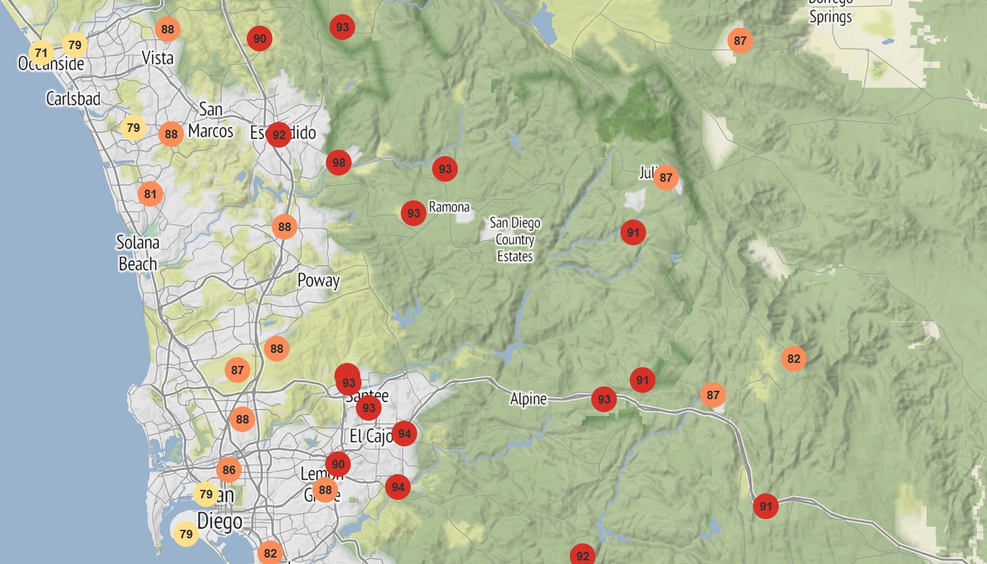Temperature map of San Diego