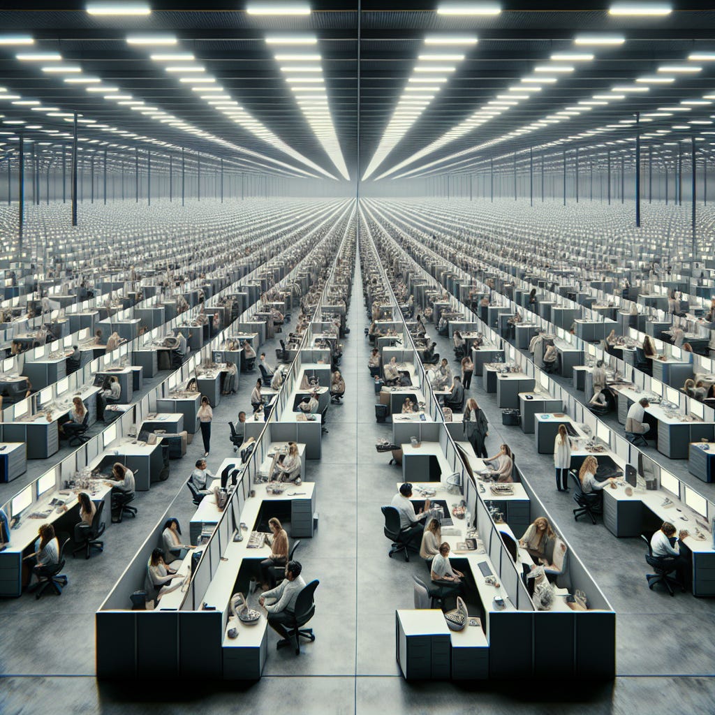 create a depressingly sterile corporate open office plan without cubicles or walls between desks on the scale of the warehouse from raiders of the lost ark. fill it with people who very clearly dont want to be there and would be much more productive if given a choice about where they worked.