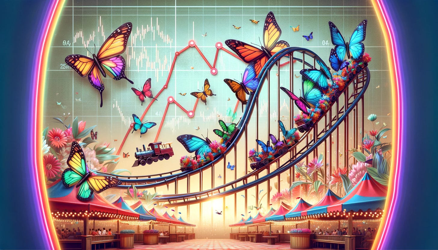 A carnival-themed financial concept illustration featuring butterflies sitting on a roller coaster, symbolizing volatility in investing and trading options. The roller coaster is seen climbing upwards, representing positive momentum and a bullish market trend. The butterflies, colorful and diverse, are enjoying the ride, illustrating the idea of riding the momentum in trading. The scene is set in a lively carnival atmosphere, with festive decorations and a vibrant, upbeat ambiance. In the background, elements symbolize short volatility and long delta, such as subtle graphs or financial symbols blending into the carnival setting.