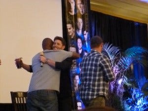 A Jensen and Rick reunion hug onstage A Jensen and Rick reunion hug onstage