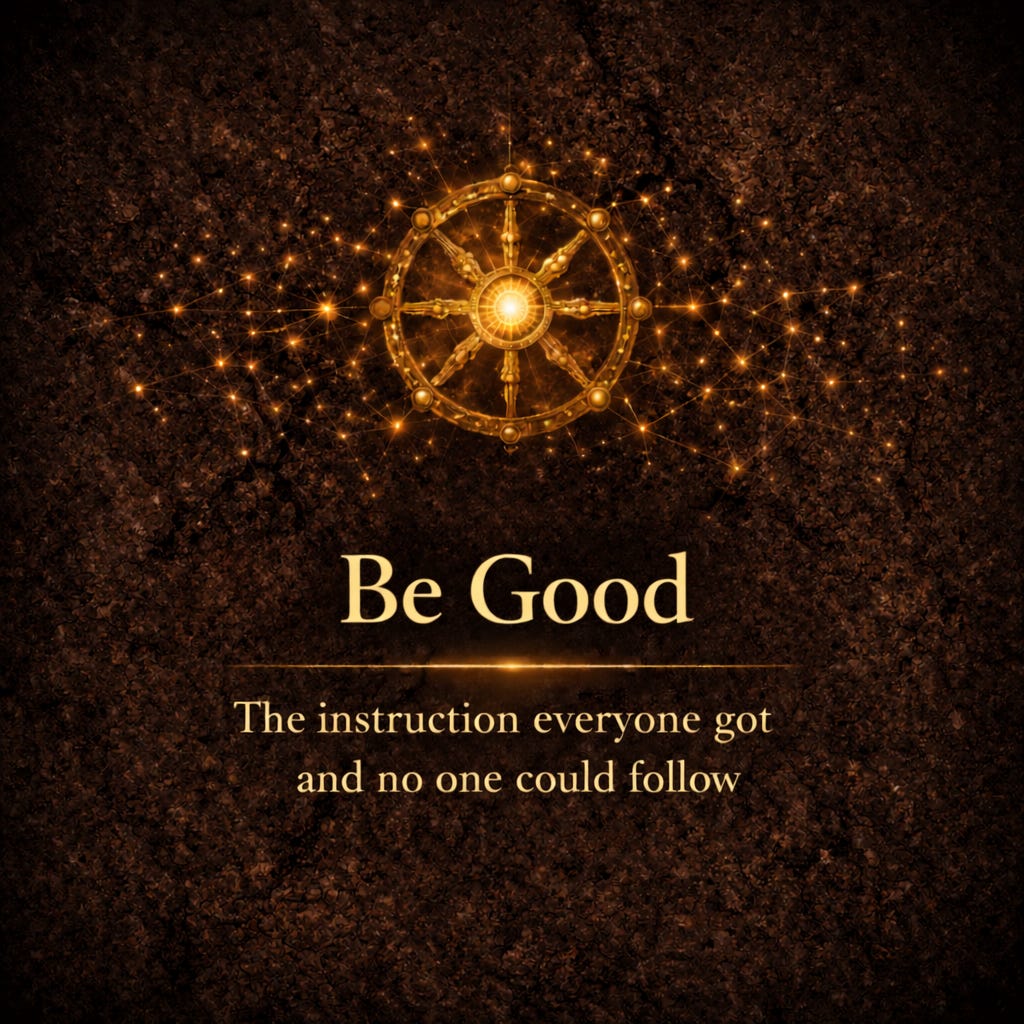 A dramatic title graphic with a dark textured background and glowing golden elements. At the top is an ornate wheel-like symbol surrounded by sparkling interconnected lights. Large gold serif text in the center reads “Be Good.” Beneath it, smaller text says: “The instruction everyone got and no one could follow.” The overall design has a mystical, epic, and cinematic feel.