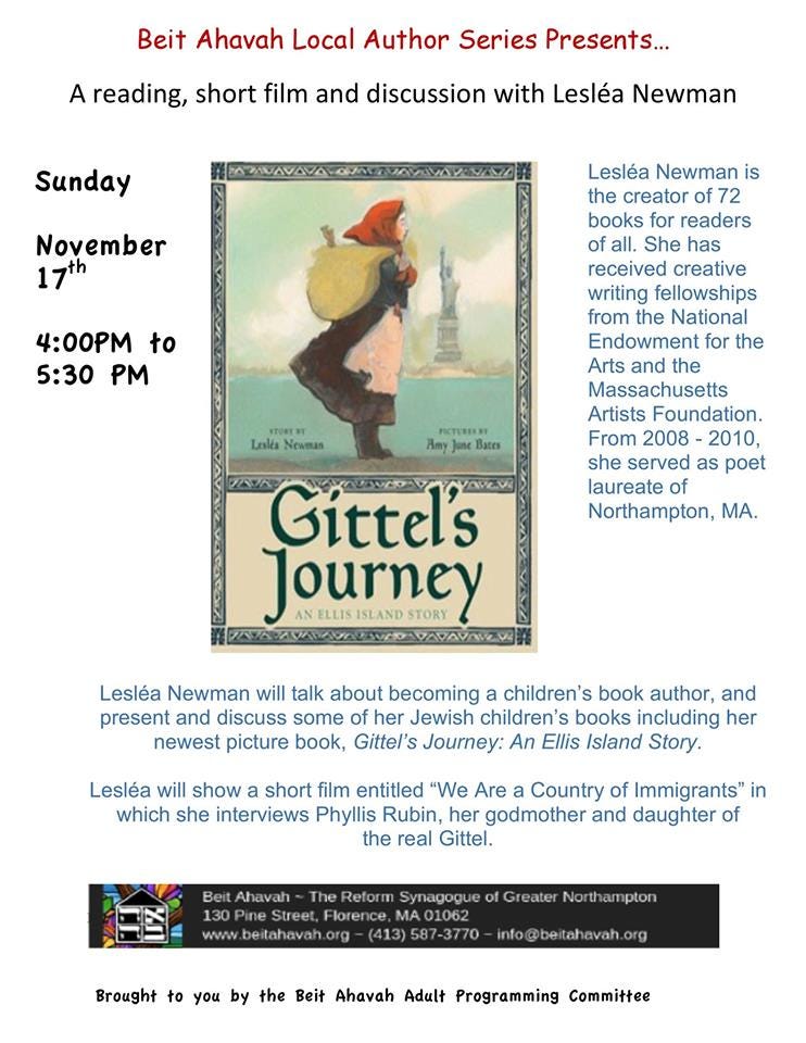 Reading, short film, and discussion about Gittel's Journey by Lesléa Newman: Sunday, November 17, 4:00 PM, Beit Ahavah, 130 Pine St., Florence, MA