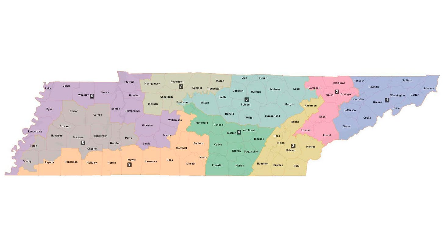 Colored map of Tennessee counties divided into nine congressional districts, each district in pastel color; districts numbered 1 through 9 in black boxes across the state.