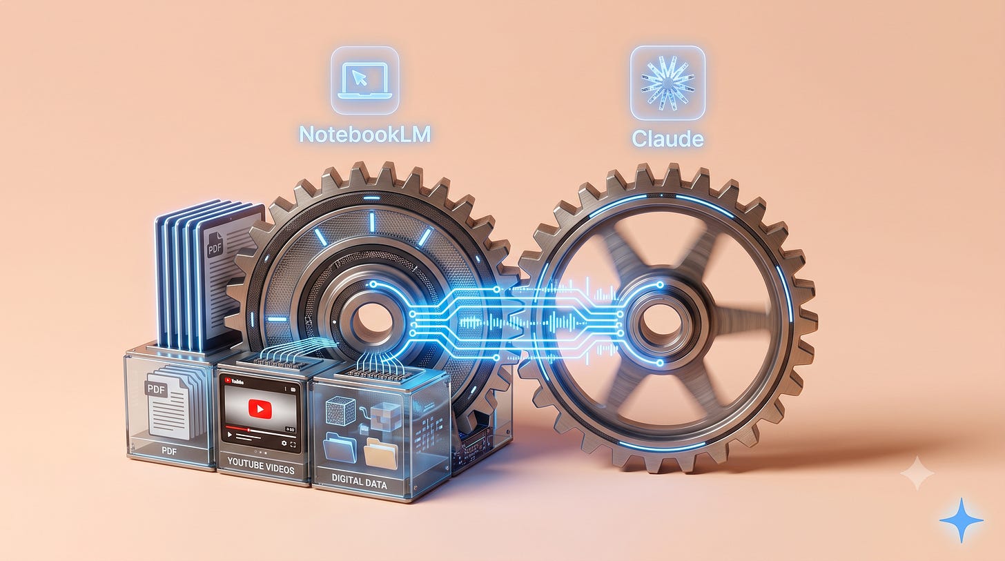 Two glowing blue gears meshed on a warm cream surface, the left gear caged inside a stack of documents and the right gear spinning free — NotebookLM and Claude, ground then generate | Leadership in Change by Joel Salinas