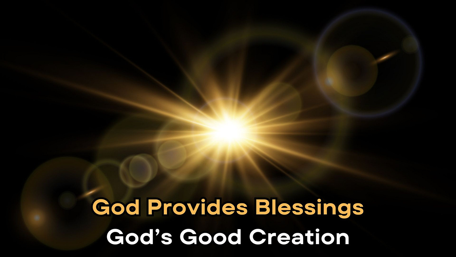 A bright golden light burst with lens flare effects on a black background, creating a radiant and luminous aura, conveying energy and intensity.  It includes the text: "God Provides Blessings: God's Good Creation"