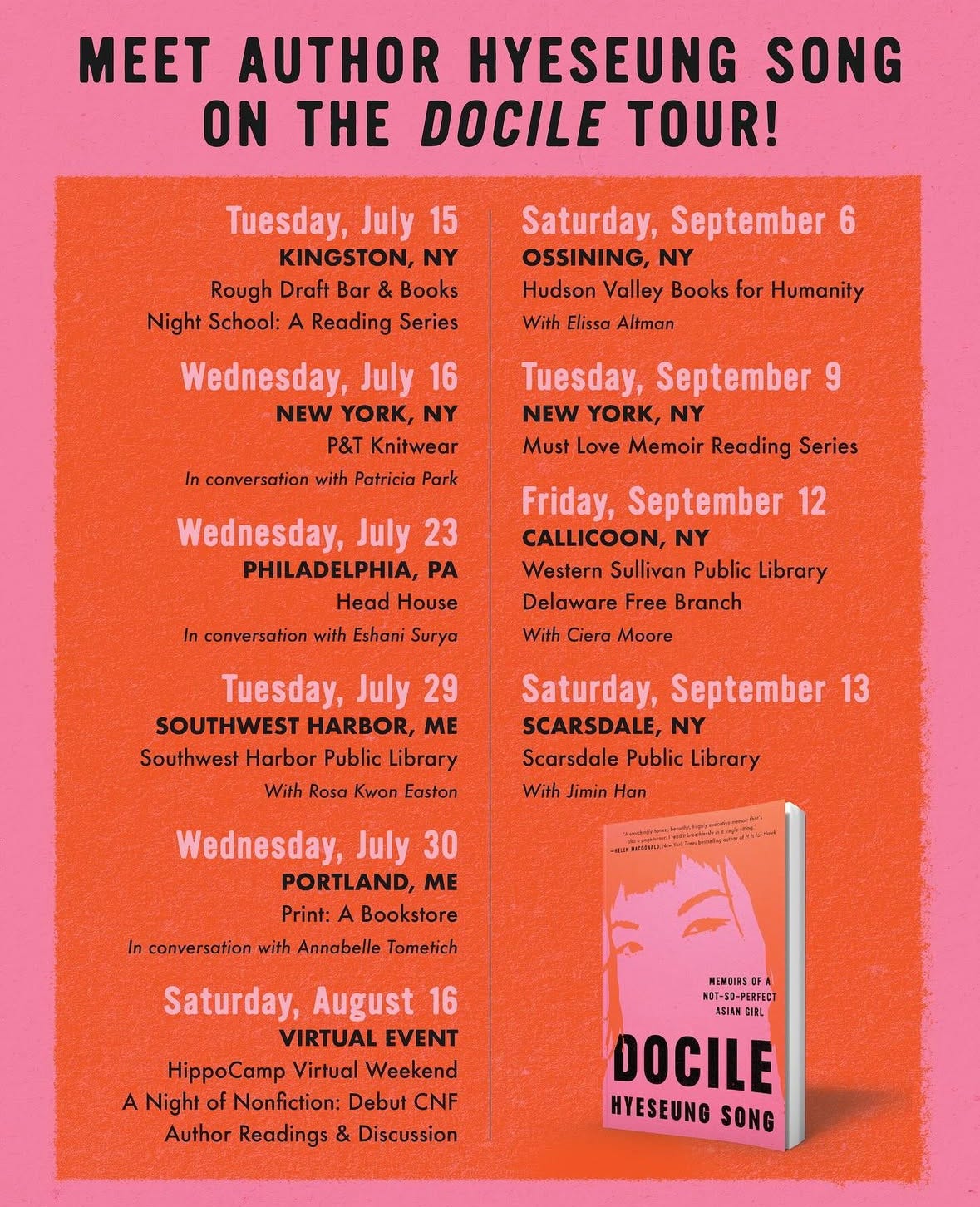 The paperback tour date schedule for Docile. Click the link in the caption for more details.