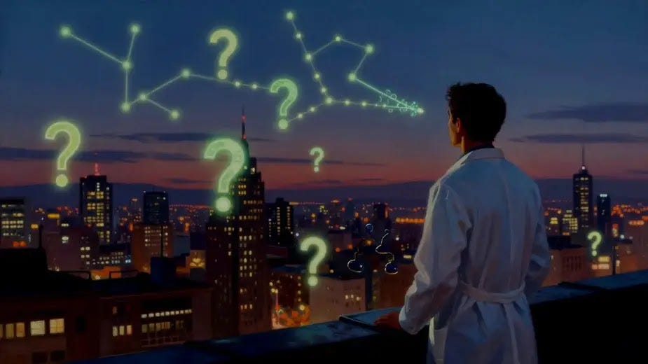 A scientist gazes at a city skyline filled with possibilities and question marks, symbolizing the future of CRISPR.