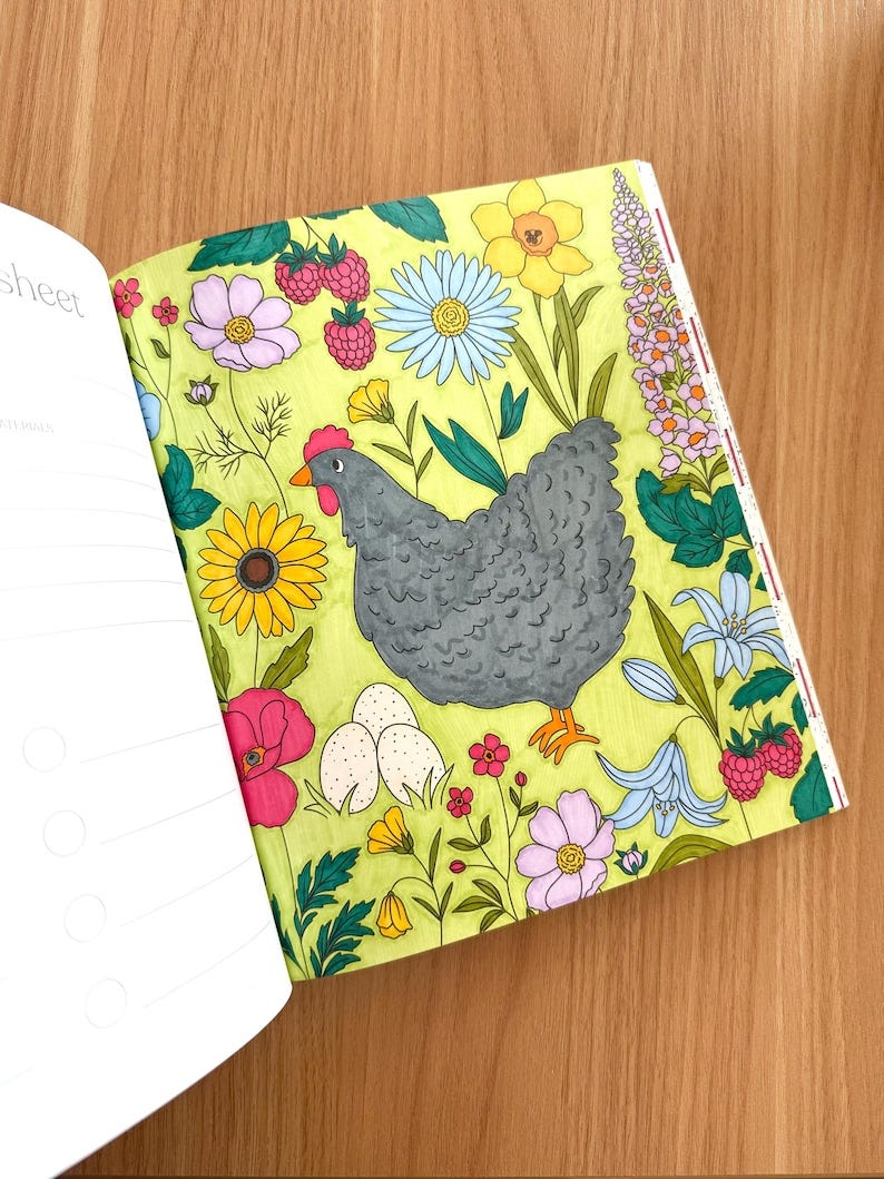 May include: An open journal with a blank page on the left and a colorful illustration on the right. The illustration features a gray hen surrounded by a variety of flowers, including yellow sunflowers, pink cosmos, and bluebells. The background is a light green.