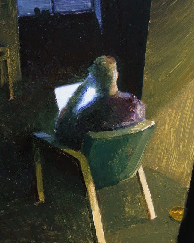 Illustration of a man in a dark room looking at a laptop screen with his head in his hands Illustration of a man in a dark room looking at a laptop screen with his head in his hands