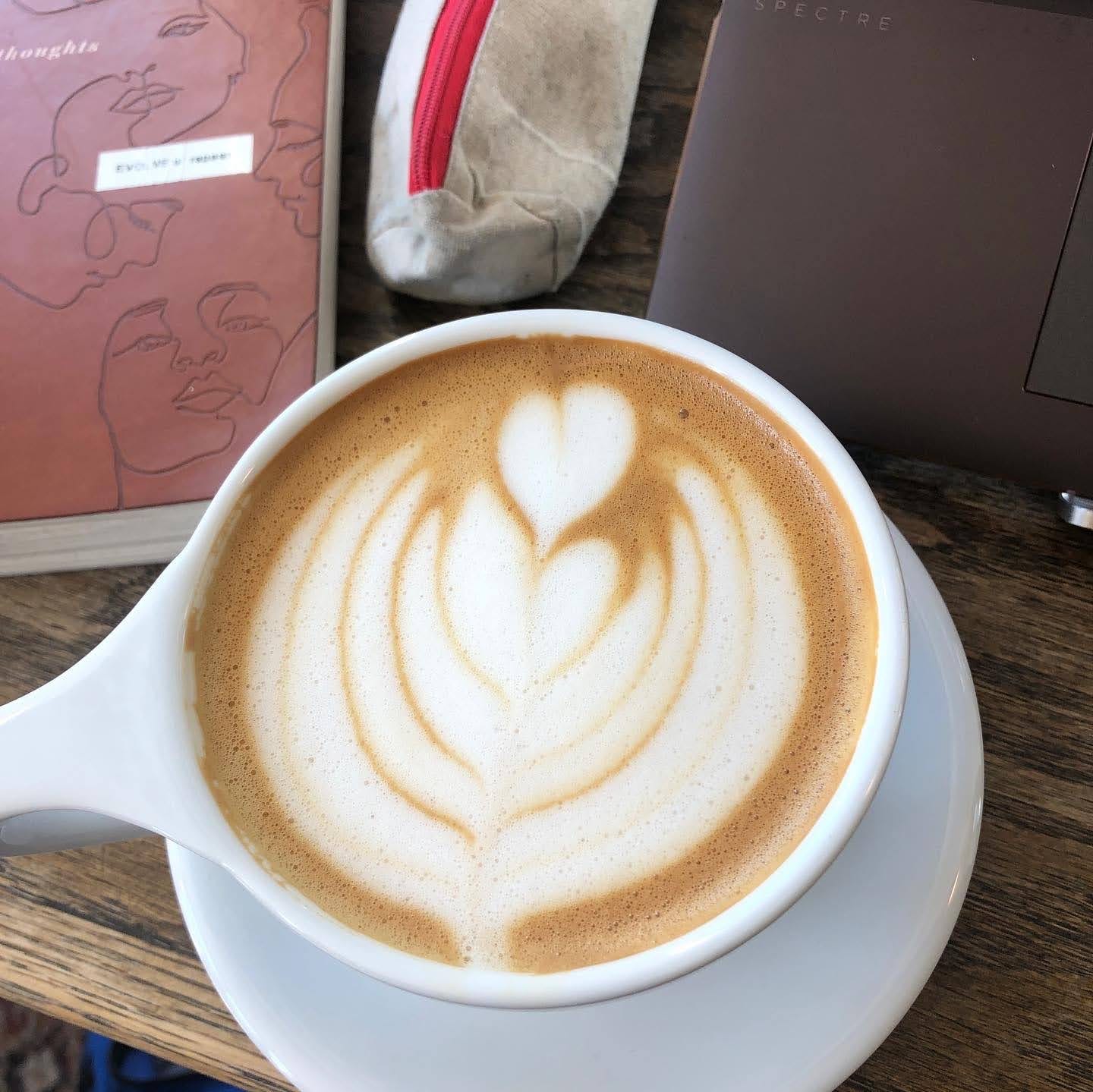 A photo of my journal and a vanilla latte with a flower design done on top of it in creme. My journal has a label that reads "evolve or repeat"