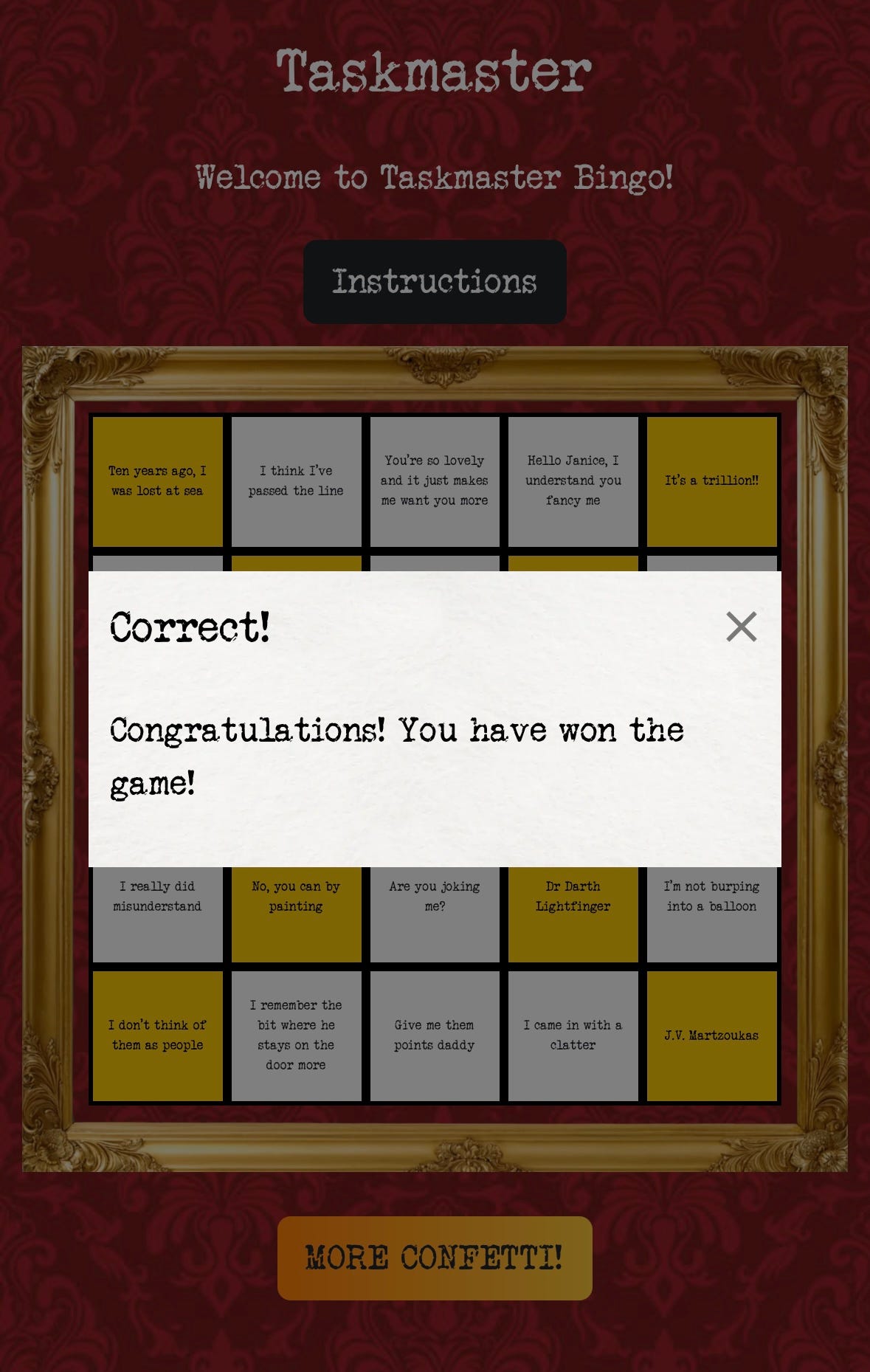 Winning Taskmaster Bingo card.