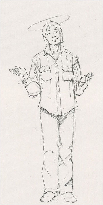 A preliminary sketch of a man in ordinary clothes shrugging as a thin halo hangs over his head.