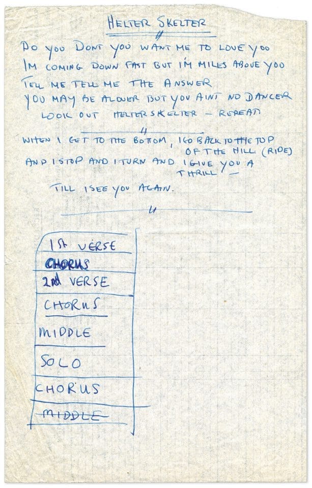 Lyrics for Helter Skelter, transcribed by Mal Evans