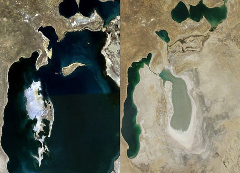 The Aral Sea between Kazakhstan and Uzbekistan shrunk rapidly in size due to water irrigation required for cotton production. The image shows the Aral Sea when full (on the left) and when depleted of water i.e. as a desert (on the right). The Aral Sea between Kazakhstan and Uzbekistan shrunk rapidly in size due to water irrigation required for cotton production. The image shows the Aral Sea when full (on the left) and when depleted of water i.e. as a desert (on the right).