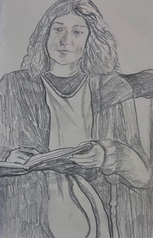 A drawn still-life of a person resting against a chair, holding a book close.