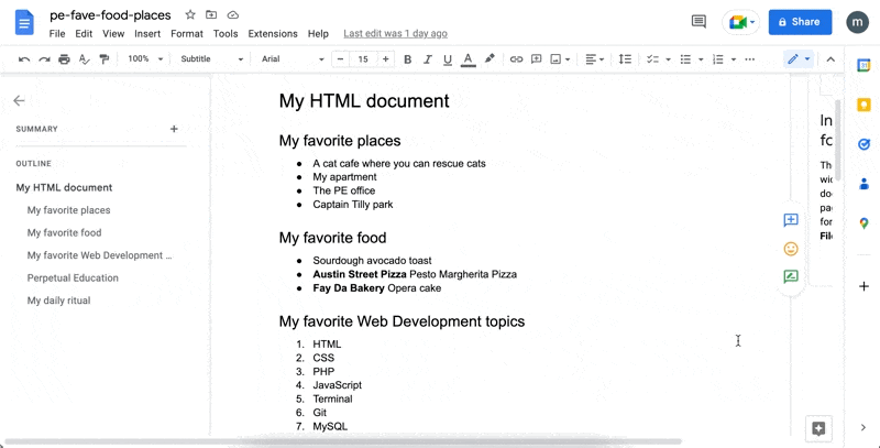 a google document showing headings and list items