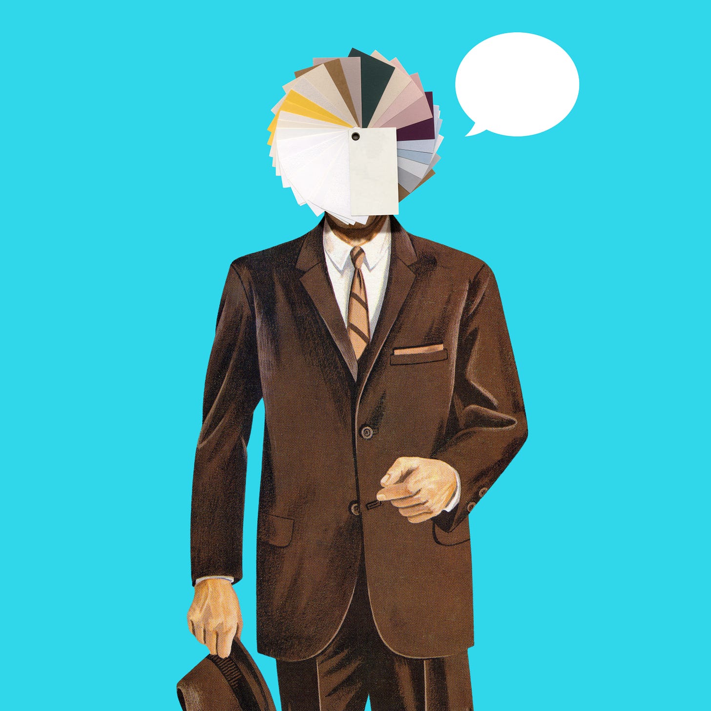 A man in a suit against a blue background; the man's head and face are covered by an array of paint samples. 