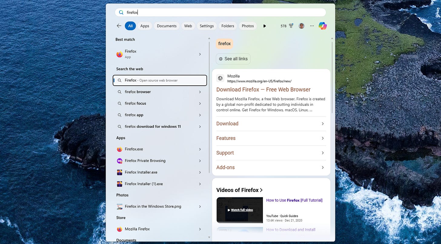 Bing search results in Windows 11's Start menu.