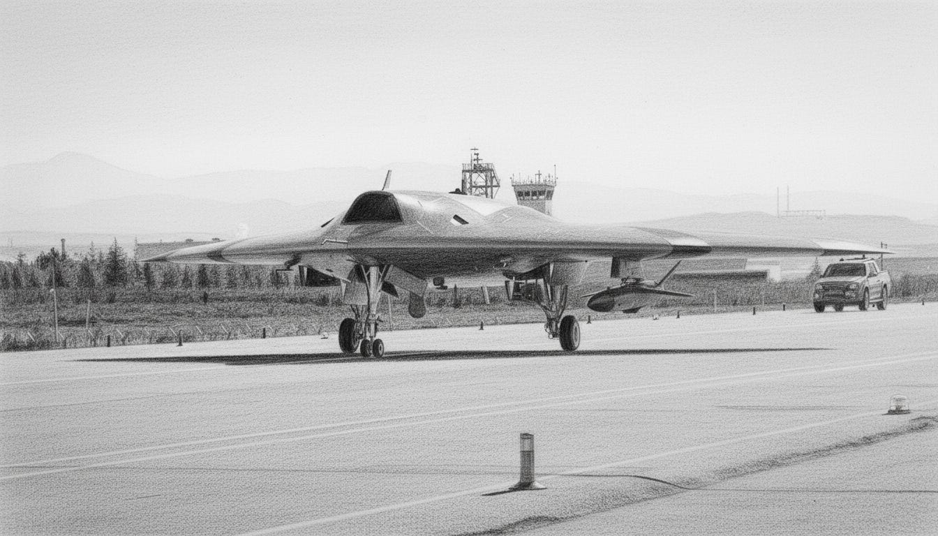Grayscale pencil drawing of a Turkish stealth drone on runway.