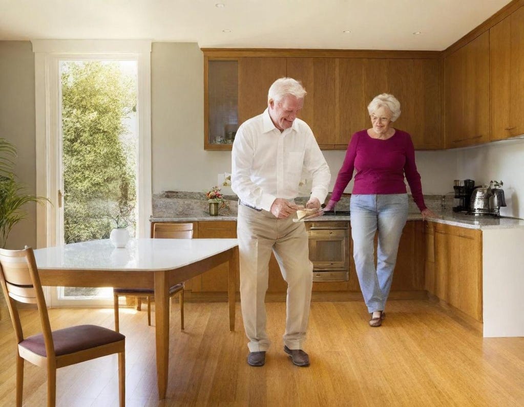 80-year-old, feeble white man clings to his water class with both hands as he walks across the kitchen. A woman, his wife, also 80 but healthy-looking, leans against the kitchen counter, looking at her husband.