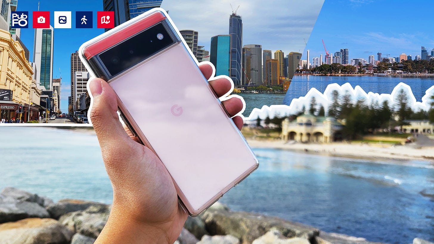 Article thumbnail: A hand holding the phone in question, colored pink-orange and light pink-cream in a two-tone manner, against a beach. On top and behind are three photos of the urban environment of Australia