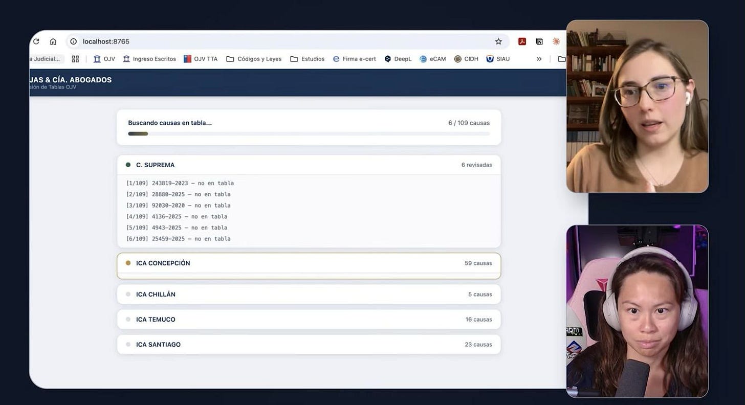 The Rojas y Cia dashboard running on localhost, working through 109 cases across the Supreme Court and 4 appeals courts, marking each one found or not found on the schedule The Rojas y Cia dashboard running on localhost, working through 109 cases across the Supreme Court and 4 appeals courts, marking each one found or not found on the schedule