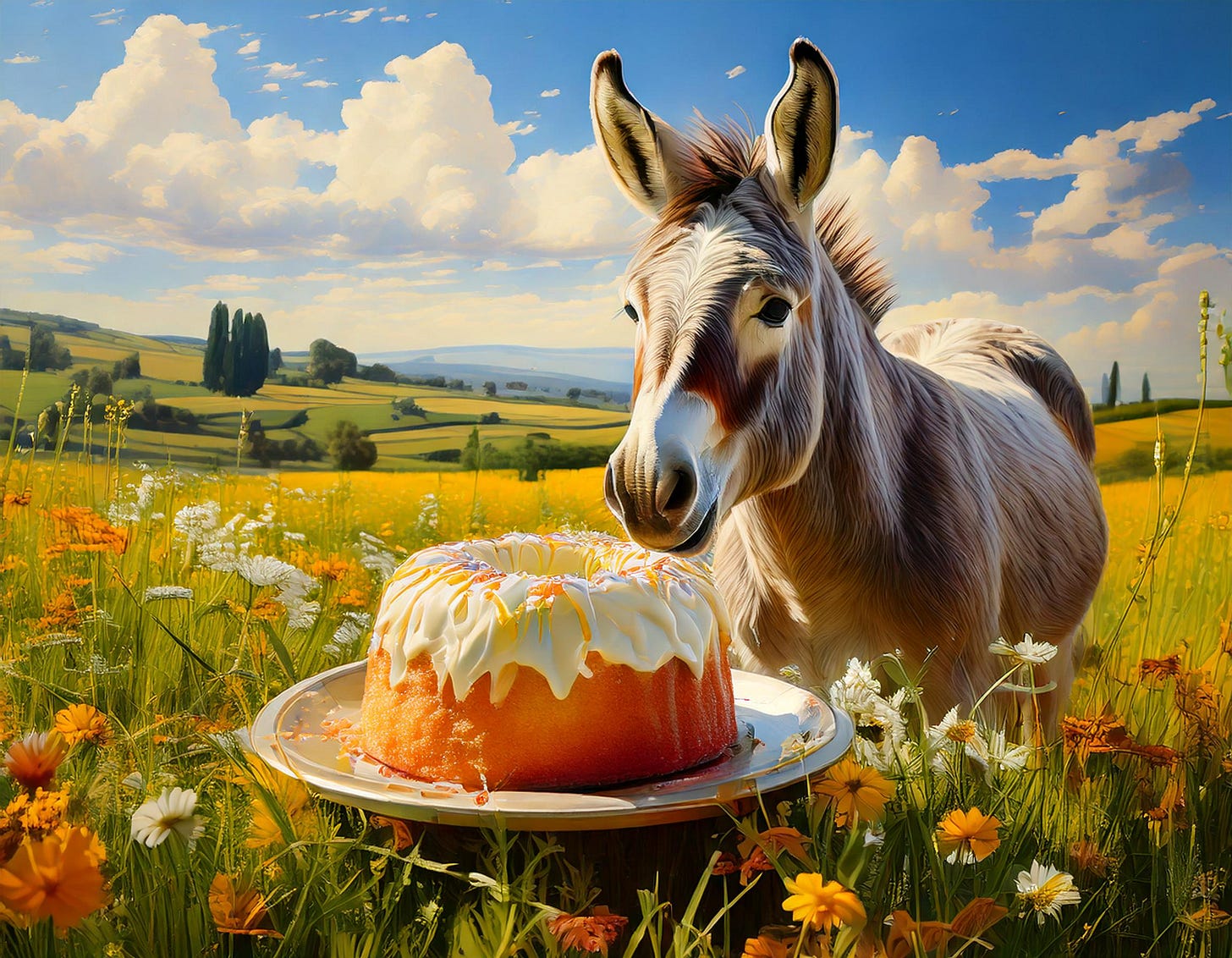 AI generated image of a donkey in a field of flowers eating a vanilla glazed bundt cake