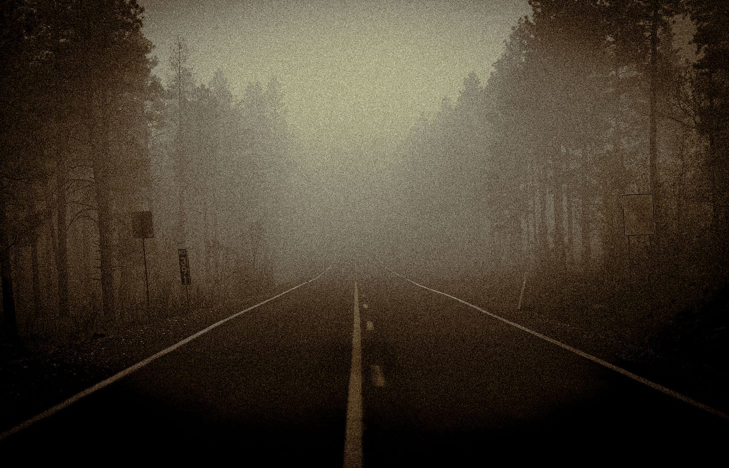 A dim,grainy photo of a road through a forest. The road is shrouded in smoke, which nearly obscures the yellow line running down the center. It could be anywhere. A dim,grainy photo of a road through a forest. The road is shrouded in smoke, which nearly obscures the yellow line running down the center. It could be anywhere.
