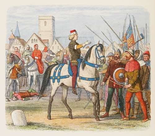 Richard II exerts control over the rebel mob during the Peasants' Revolt. Engraved by Edmund Evans for James William Edmund Doyle, 1864. Richard II exerts control over the rebel mob during the Peasants' Revolt. Engraved by Edmund Evans for James William Edmund Doyle, 1864.