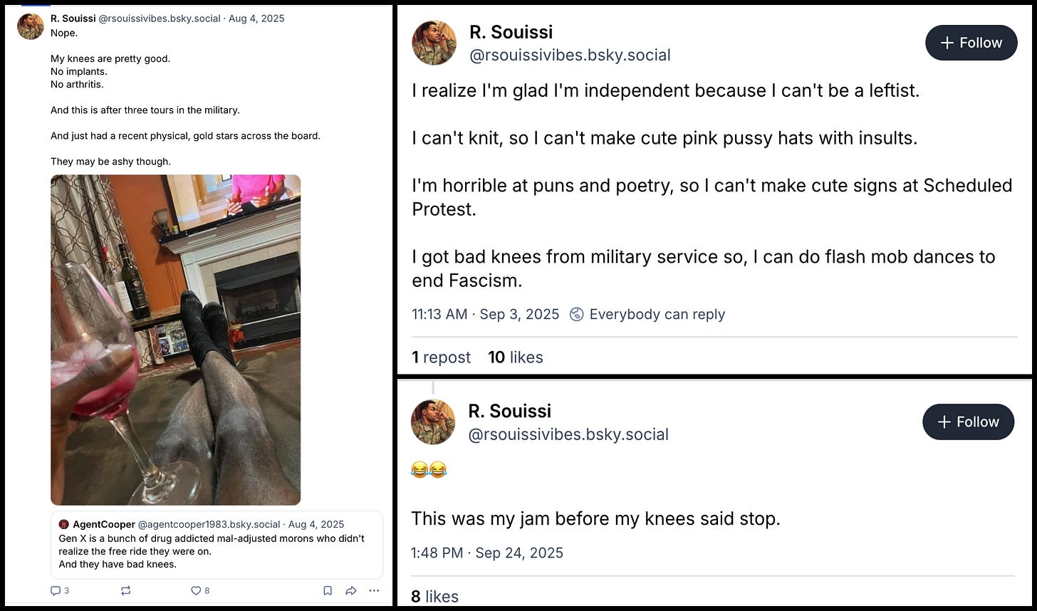 collage of conflicting @rsouissivibes.bsky.social posts, claiming both to have good knees and bad knees collage of conflicting @rsouissivibes.bsky.social posts, claiming both to have good knees and bad knees
