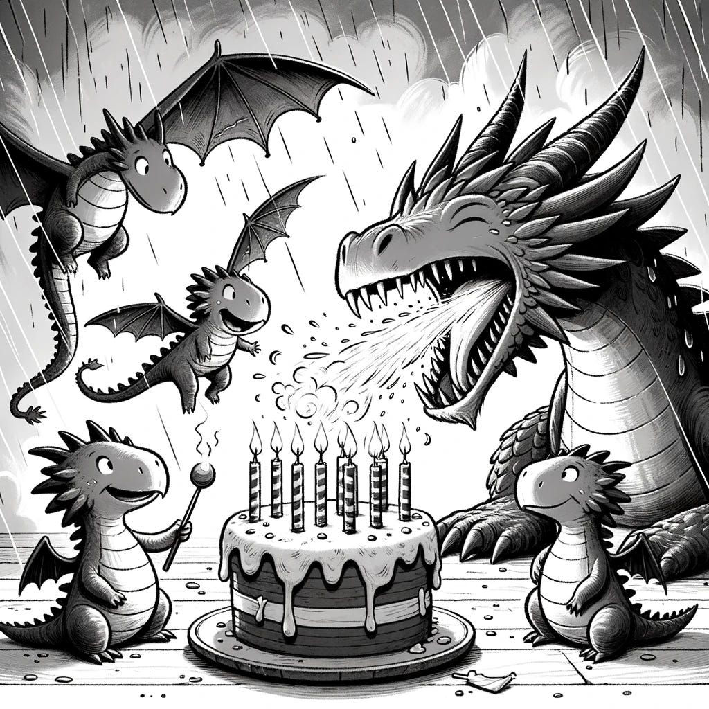 Illustration of a monochrome scene where a dragon tries to impress other dragons by breathing fire, but humorously ends up blowing out birthday candles.