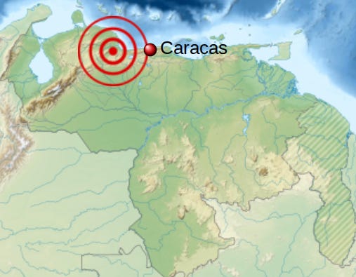 On June 24,2 026, a 7.4 magnitude earthquake, followed by a 7.5 aftershock, rocked Venezuela, causing widespread damage and many deaths. (Wikipedia graphic)