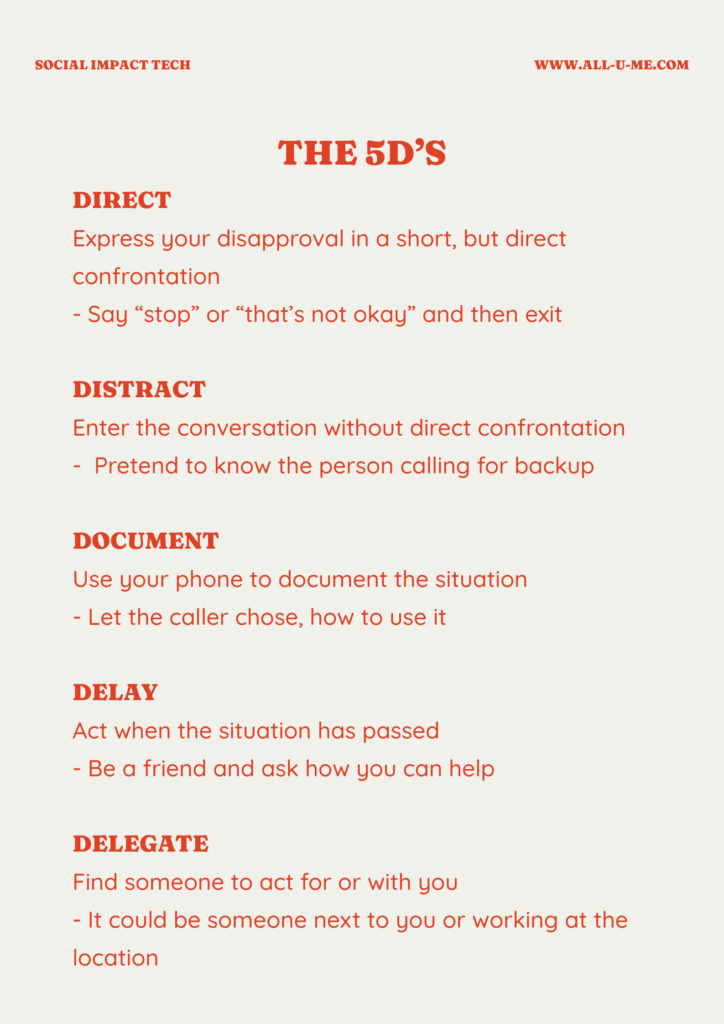 The all-u-me app uses the so-called five D's, a method invented by the organization Right To Be. The method has proven easy to learn and effective against harassment. Copyright: all.u.me.
