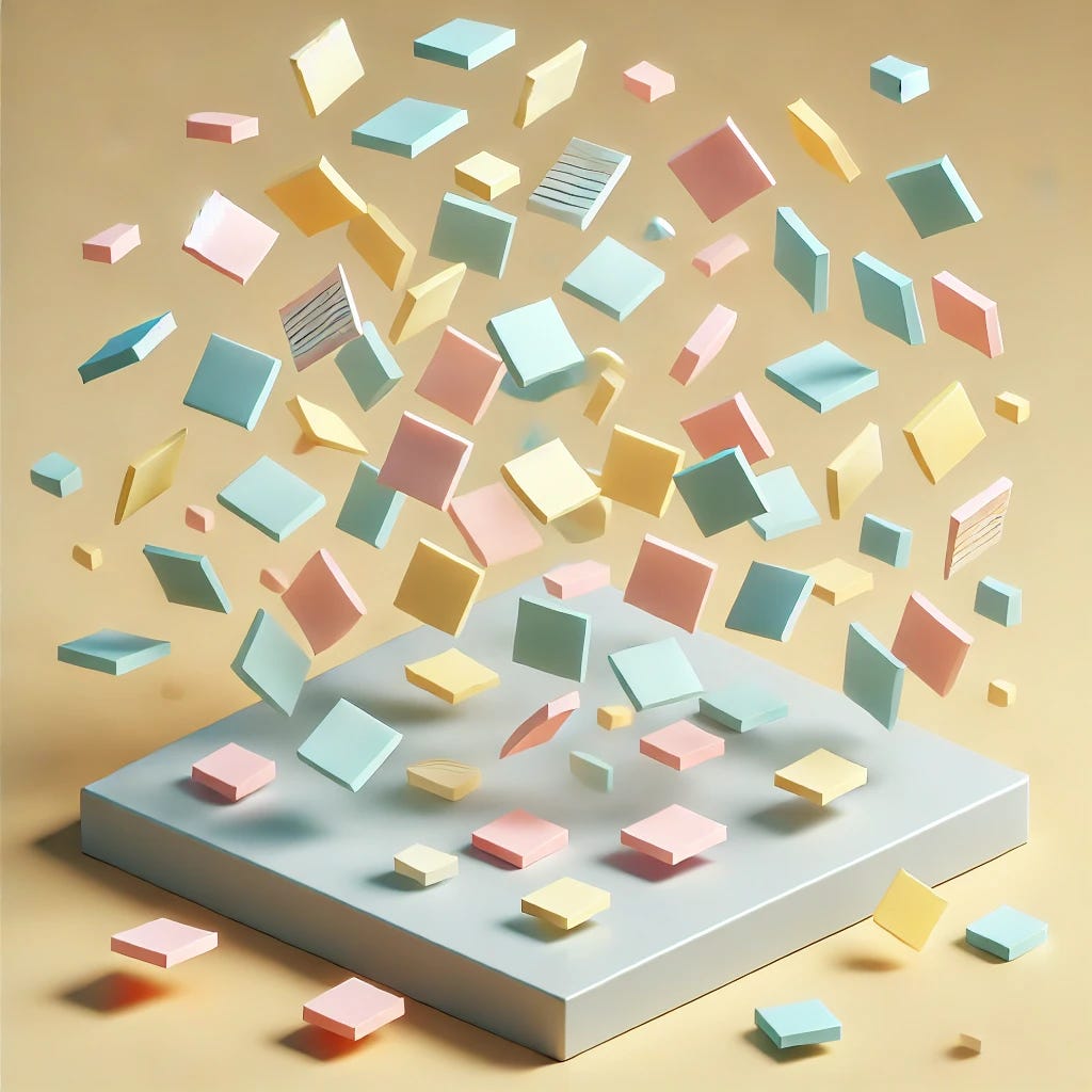 A 3D isometric minimalist illustration of sticky notes falling from the sky. The sticky notes are depicted in various pastel colors such as yellow, pink, and blue, floating and scattering through the air in an elegant and whimsical way. The scene has a clean, neutral background with soft shadows to emphasize the falling notes. The overall design is playful, modern, and minimalist, with a focus on the motion and simplicity of the notes.