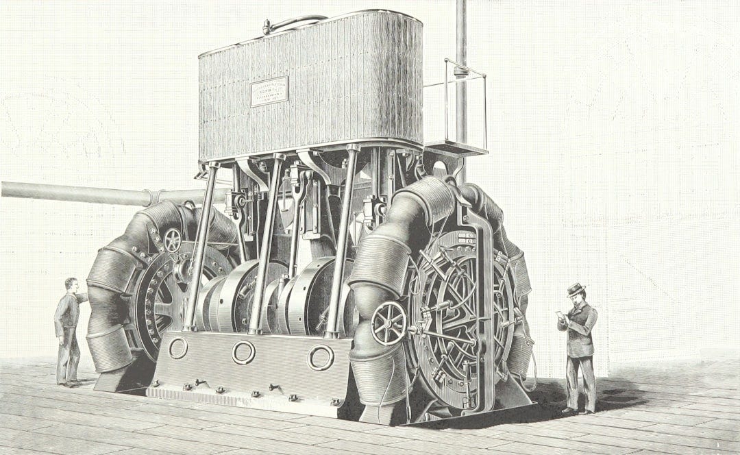 Vintage illustration of a large industrial machine with two men observing, symbolizing the complexity and engineering behind deploying machine learning models.
