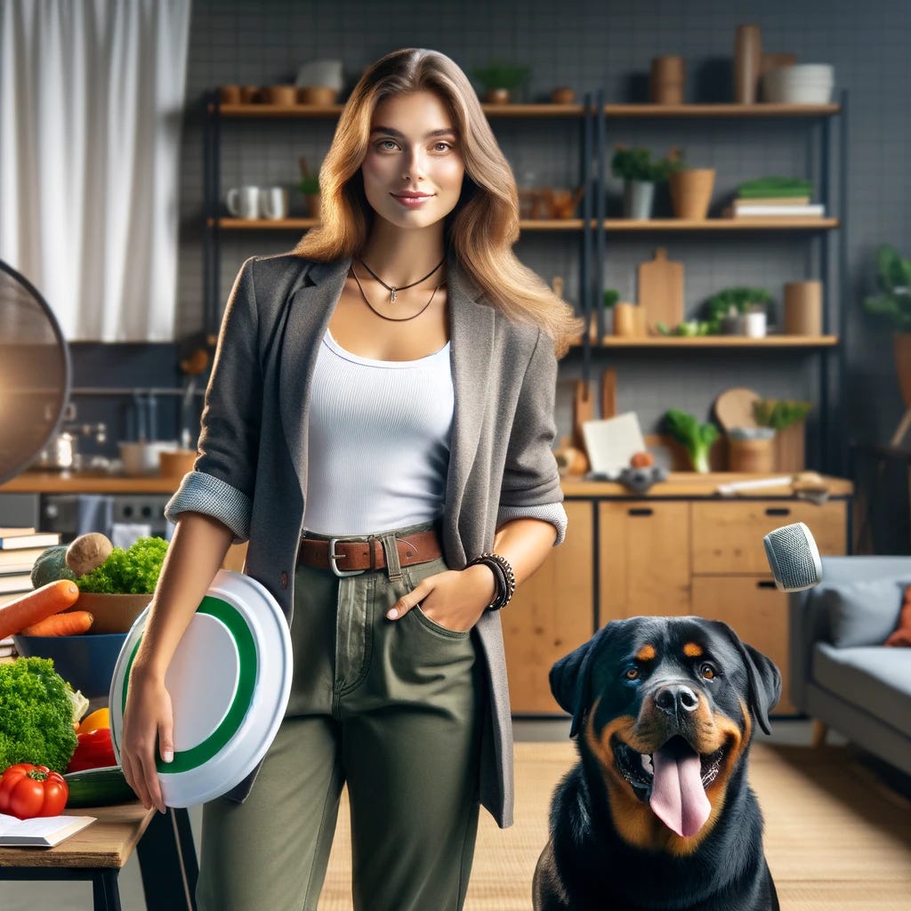 A 27-year-old female accountant with a confident and friendly expression. She has an athletic build and wears a modest yet stylish casual outfit, suggesting her love for ultimate frisbee on weekends. She is holding a frisbee in one hand and standing next to a large, well-groomed Rottweiler, showcasing her love for the breed. In the background, a modern kitchen with fresh vegetables and a cookbook open on the counter hints at her interest in experimenting with vegetarian cooking. A microphone is also visible nearby, symbolizing her dream of being a guest on The Voice. The setting is warm and inviting, with natural lighting.