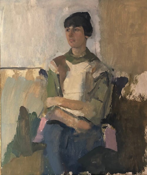 Painting of a woman seated with 3/4 view of her face, arms crossed in lap and legs crossed. Her dark hair is in bun on her head.
