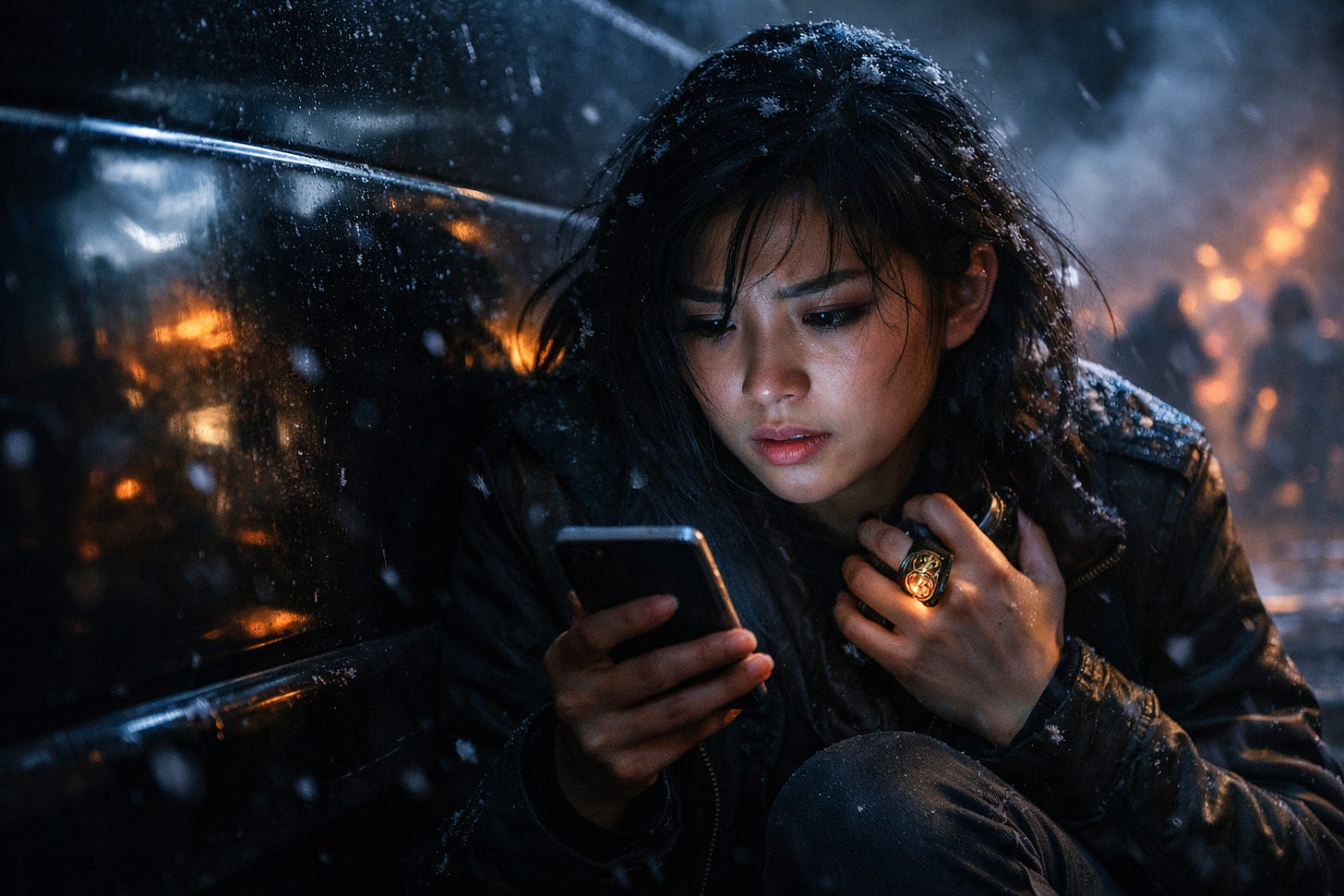 A teenage girl crouches behind a black van at night during a supernatural battle, clutching glowing amulets while urgently reading a message on her smartphone as fire and storm rage in the blurred background.