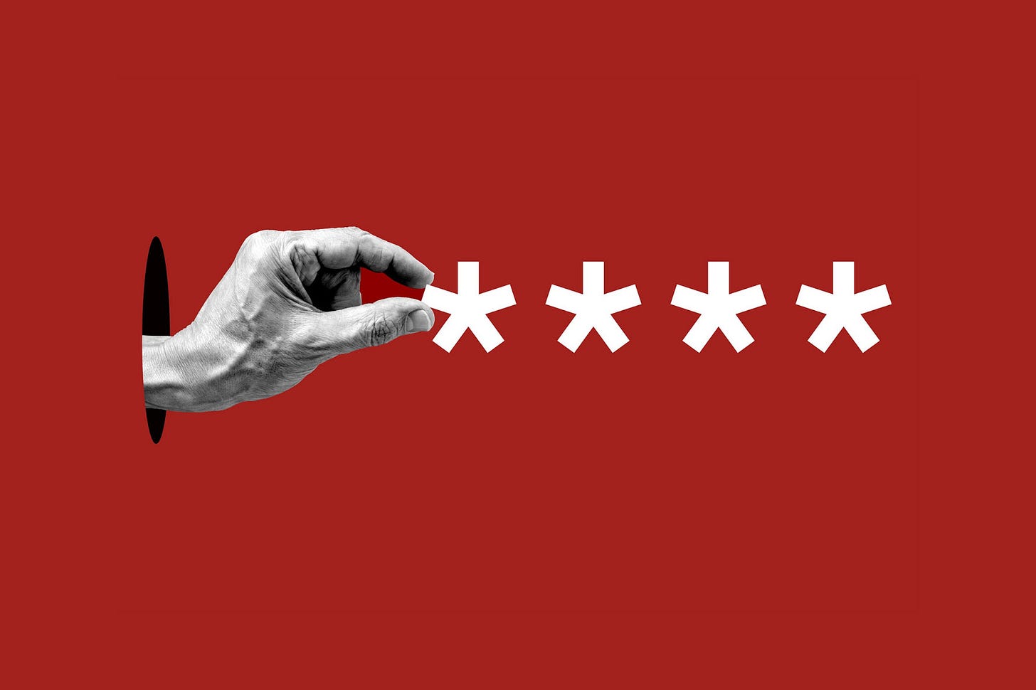 Photo-illustration of handing appearing through hole to steal password asterisk icon