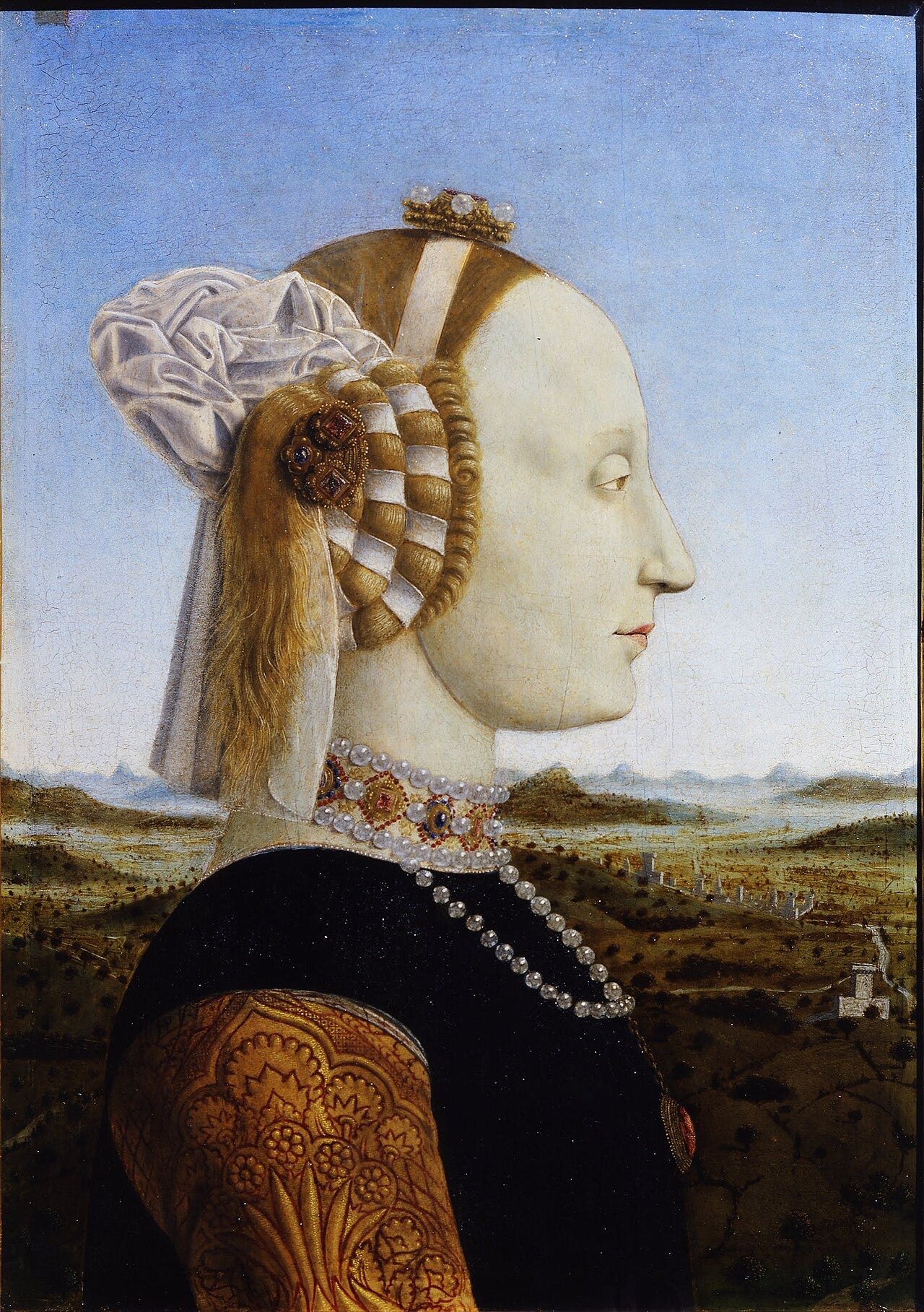 A pale woman in profile with braided hair and a pearl necklace, in front of a wide landscape A pale woman in profile with braided hair and a pearl necklace, in front of a wide landscape