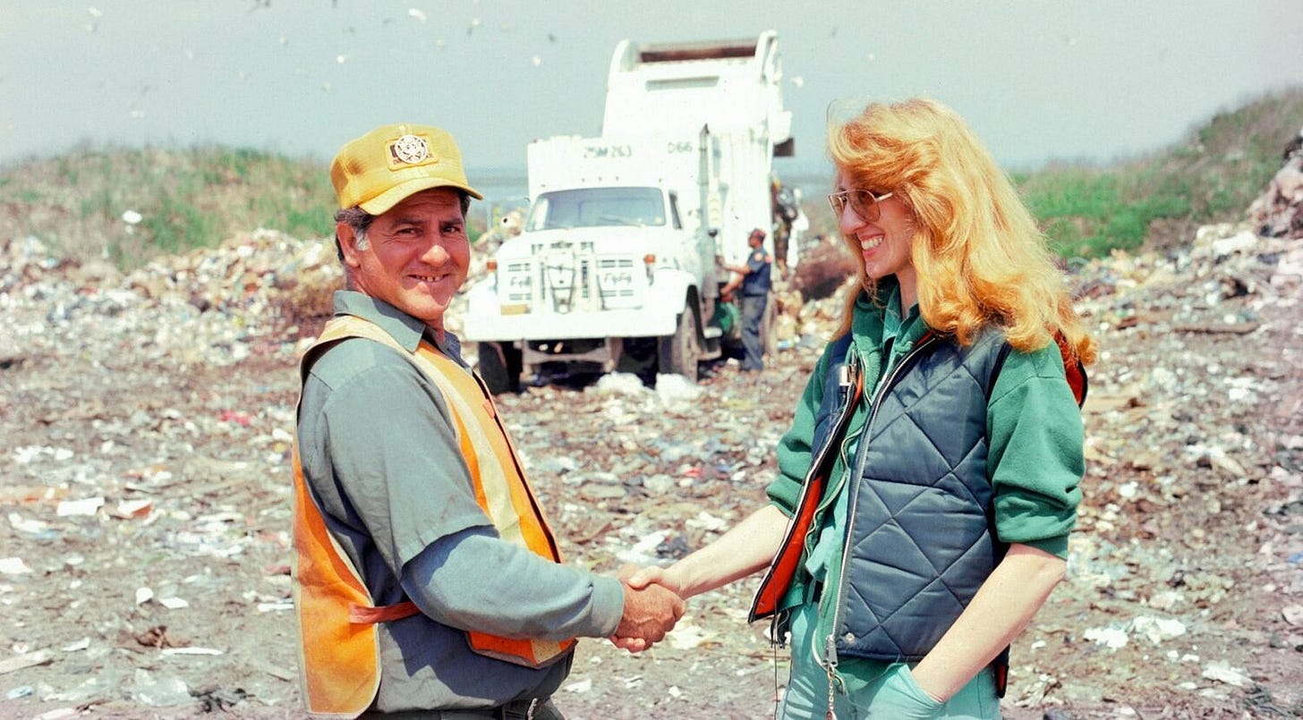Mierle Laderman Ukeles, Touch Sanitation Performance: "Handshake and Thanking Ritual" with Sanitation Workers of New York City Department of Sanitation, 1979-1980. © Mierle Laderman Ukeles. Courtesy the artist and Ronald Feldman Gallery, New York