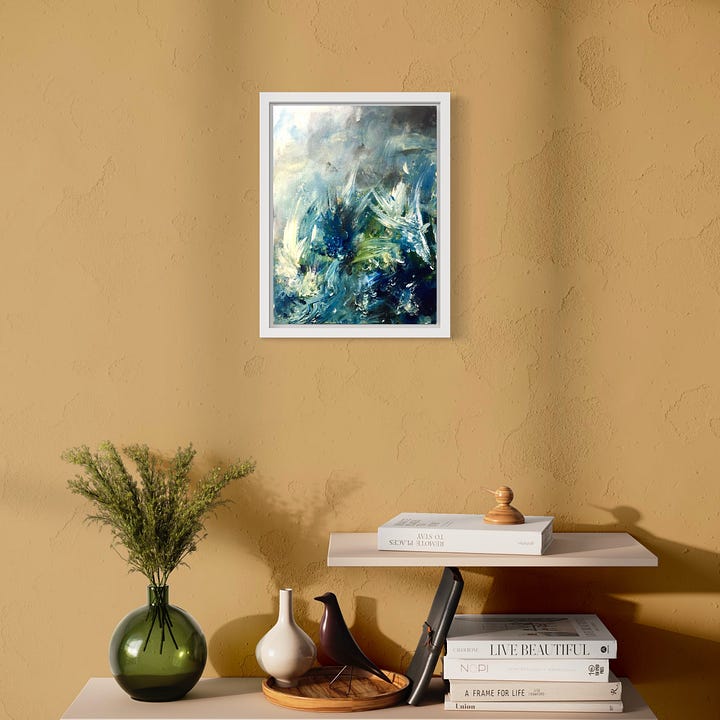 an abstract painting of a choppy, dramatic ocean painted in acrylic using blues, greens