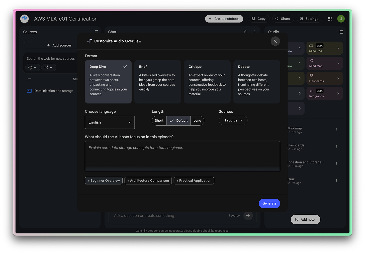 Screenshot of a dialog for creating an audio overview in Gemini Notebook