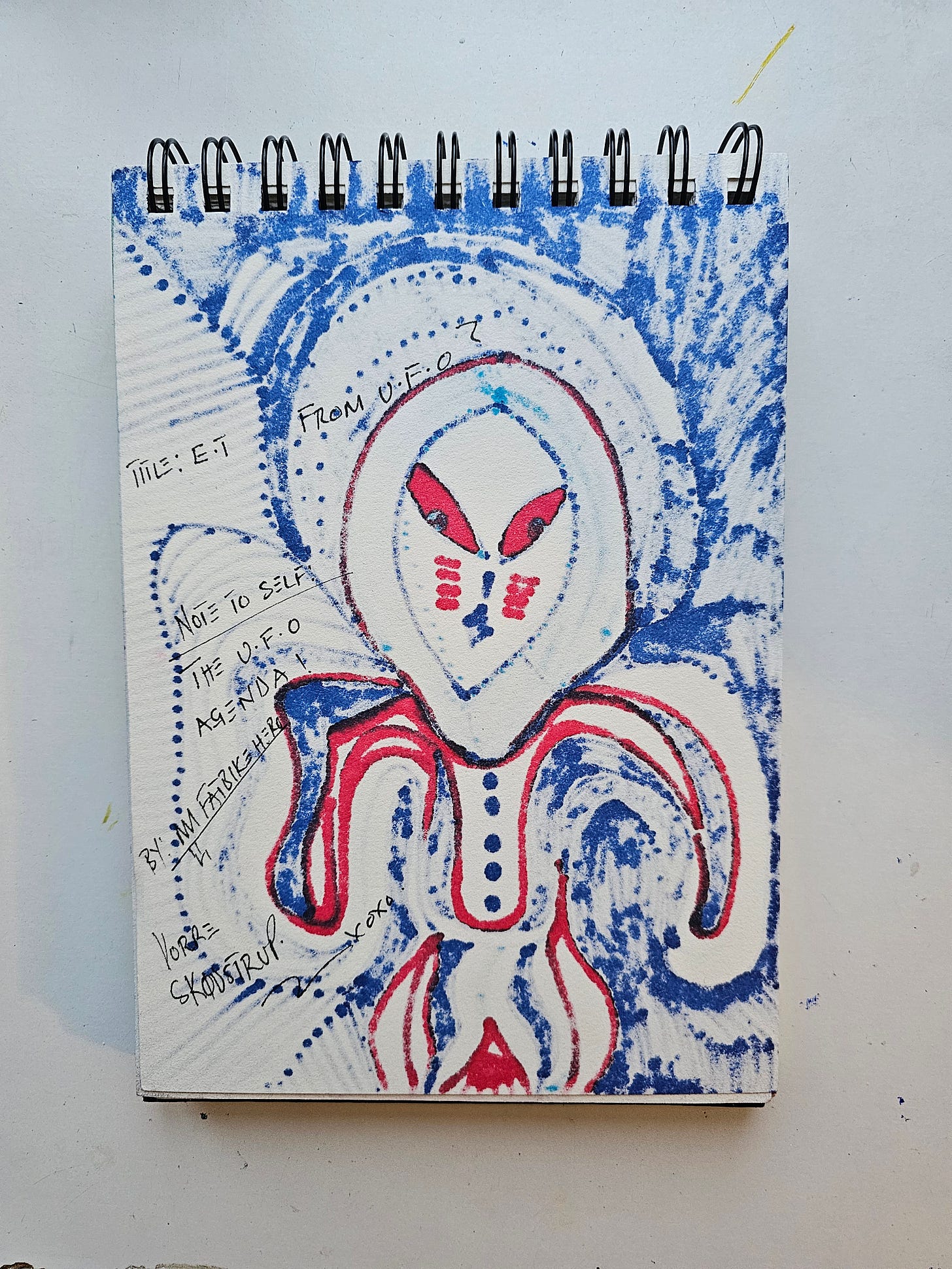 The back of a sketchbook page showing the marker ink bleeding through from the other side. Handwritten text in black ink reads "TITLE: E.T FROM U.F.O", "NOTE TO SELF: THE U.F.O AGENDA!", "BY: MM FATBIKEHERO", and "VORRE SKØDSTRUP xoxo." The back of a sketchbook page showing the marker ink bleeding through from the other side. Handwritten text in black ink reads "TITLE: E.T FROM U.F.O", "NOTE TO SELF: THE U.F.O AGENDA!", "BY: MM FATBIKEHERO", and "VORRE SKØDSTRUP xoxo."