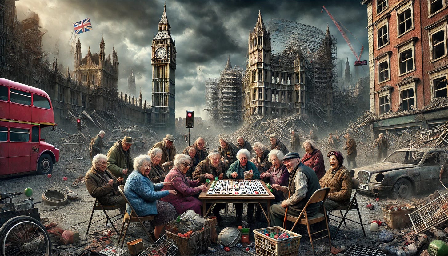 An apocalyptic London environment with dark, foreboding skies and crumbling buildings, including partially destroyed iconic landmarks like Big Ben. In the foreground, a group of elderly people are gathered around a rickety table, enthusiastically playing bingo. They are dressed in mismatched clothing, with some using makeshift props like rubble or broken objects as bingo markers. The scene combines a sense of community and normalcy amidst the chaos, with detailed textures of the bingo cards, debris, and their expressions. The overall tone is ironic yet heartwarming, contrasting the dystopian setting with the cheerful activity. Realistic style.
