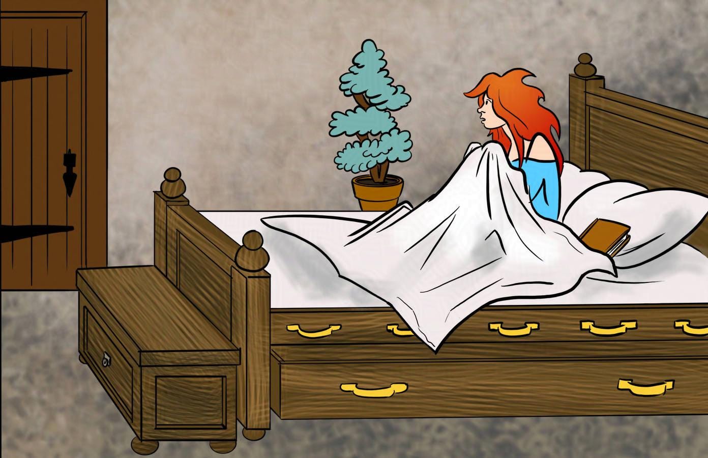 Panel 5. Krakatoa sits up in the bed. There is no one else in the room.