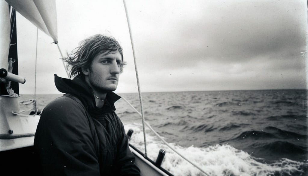 “White Sea,” collaboration between the author and Midjourney. A black and white photo illustration of a 20-something male sailor staring off to see from the deck of a small sail boat. Ominous clouds hang in the sky.
