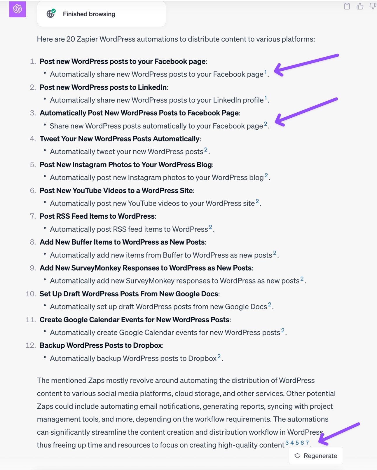 List of 20 Zapier WordPress automations for content distribution on various platforms.
