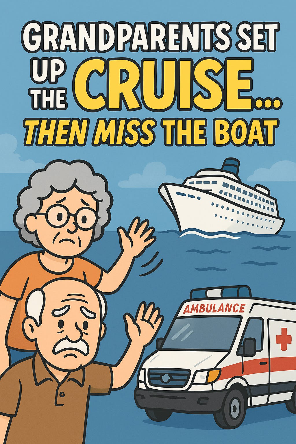 Grandma & Grandpa are going to an ambulance while the cruise ship leaves with the family.
